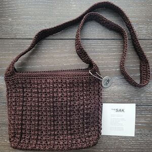 The Sak brown crochet mini small petite woven bag